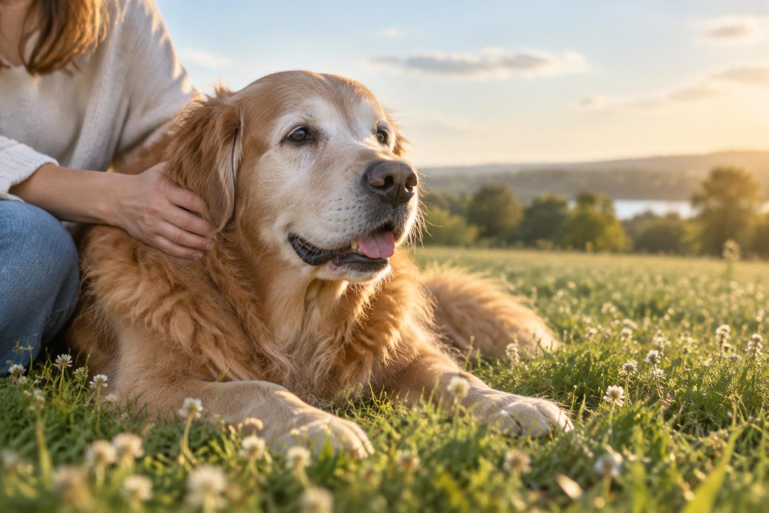 An older golden retriever enjoying a gentle moment with a loving companion
