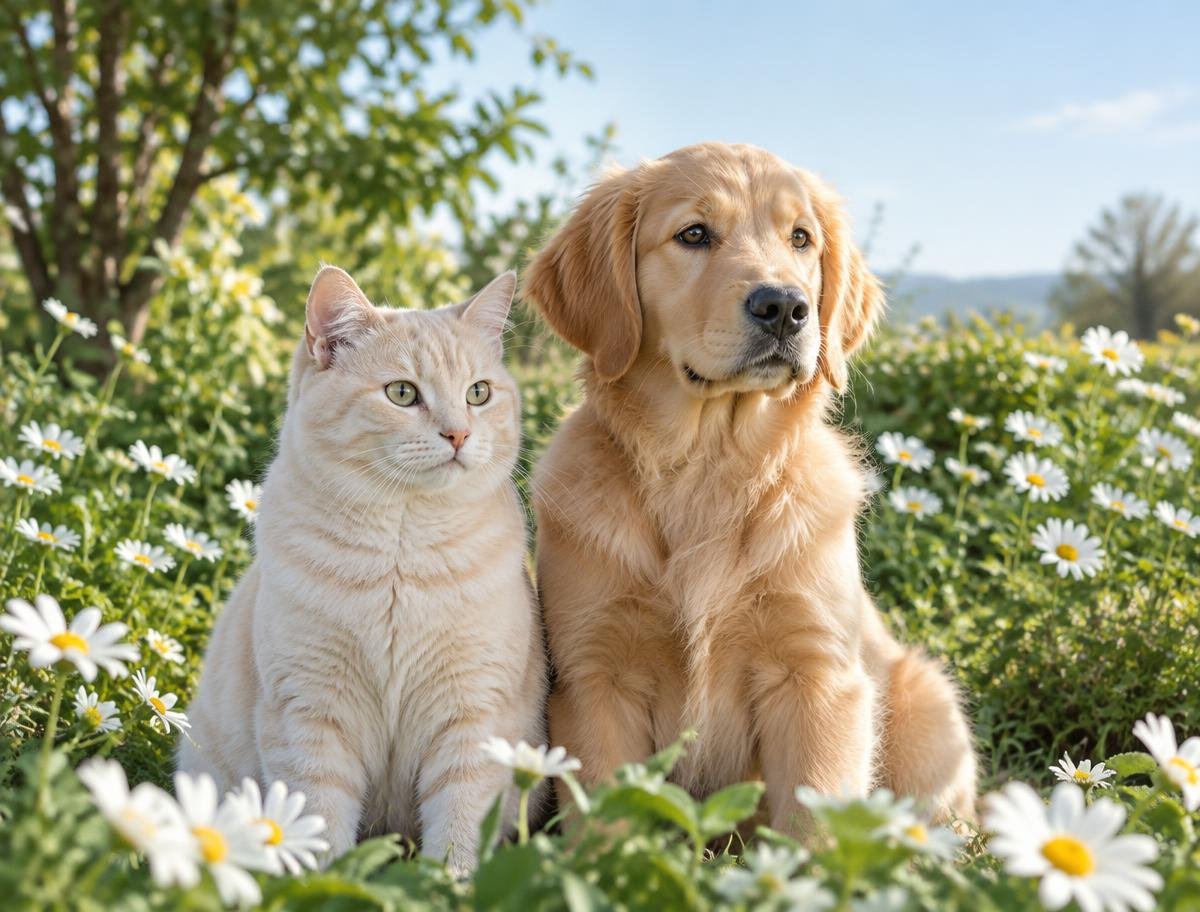 A golden retriever and cream-colored cat together in a peaceful garden