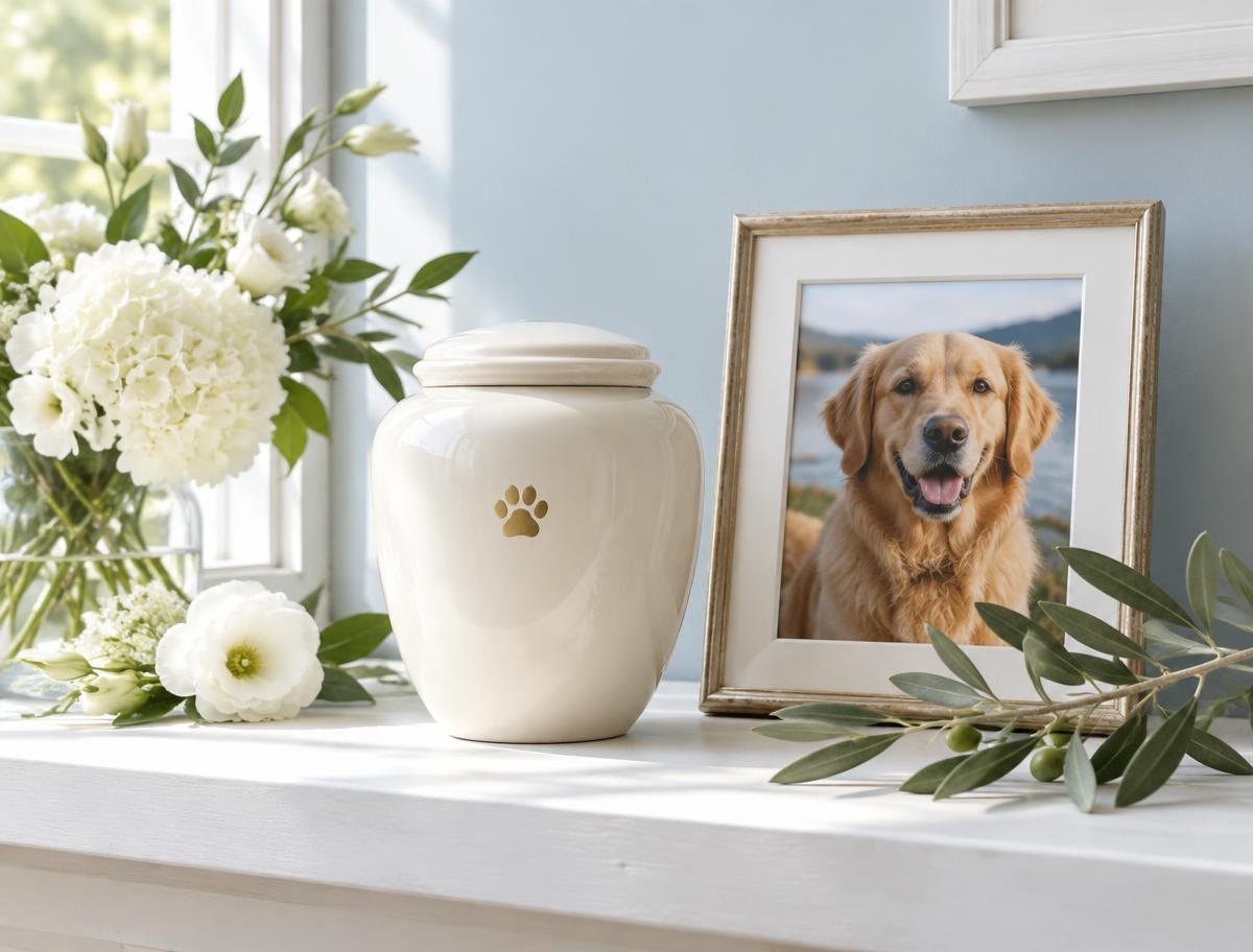 Illustrative ivory pet memorial urn beside flowers and a framed dog photograph
